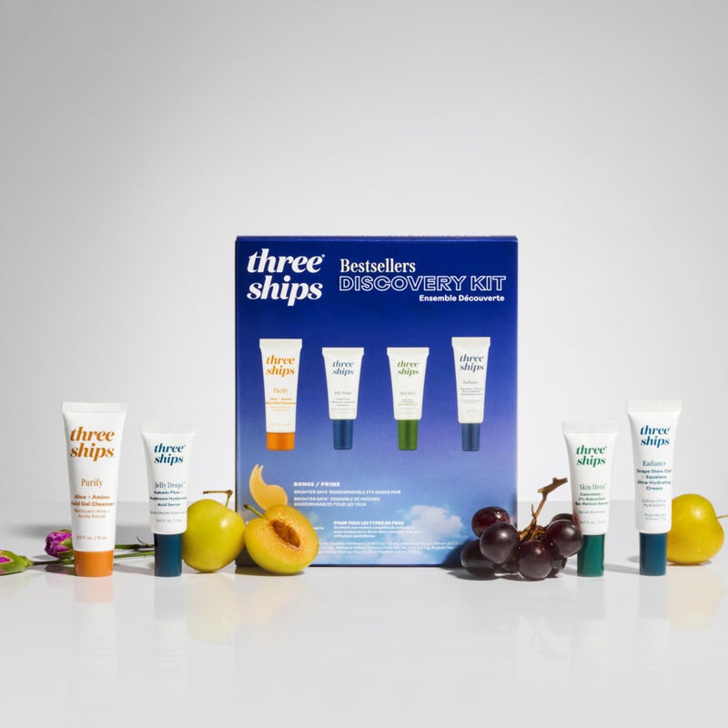 Three Ships - Discovery Beauty Skincare Kit | Purify Gel Cleanser (10mL), Jelly Drops Serum (5mL), Skin Hero Serum (5mL), Radiance Hydrating Cream (7g) - Image 3